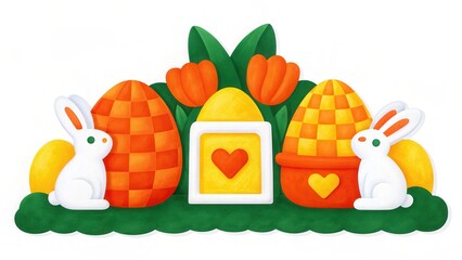 Fototapeta premium Cheerful Easter Illustration with Bunnies and Tulips