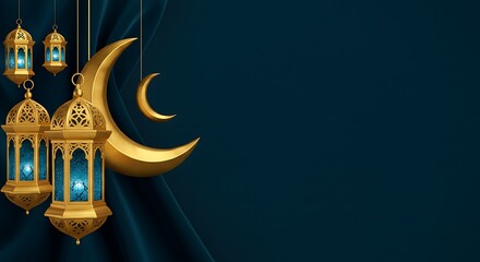 Fototapeta premium Elegant Ramadan Background with Golden Lanterns, Crescent Moons on Velvet Blue – Copy Space