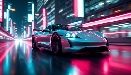 Naklejka premium A futuristic electric sports car racing through a vibrant cityscape with glowing neon lights, evoking speed, technology, and elegance in a modern urban setting.