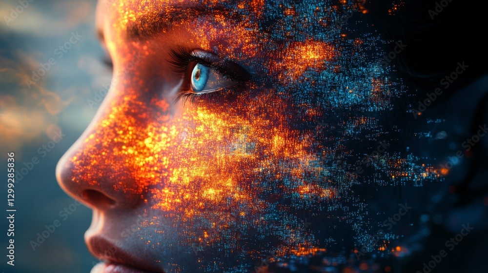 Aufkleber humanity enhanced: a futuristic portrait of a woman blending with digital code and artificial intell