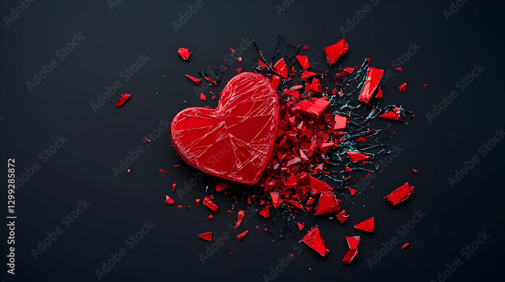 Poster red heart shape fragmented exploding on black background representing broken love and loss