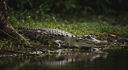 Fototapeta premium Crocodile Resting Near Water's Edge in Lush Green Habitat