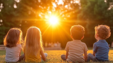 A Group of Children Watching a Play Under the Warm Sun in a Beautiful Outdoor Theater. Generative AI