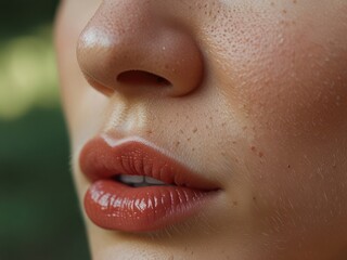 Fototapeta premium Hyper-Realistic Close-Up of Glossy Lips with Natural Skin Texture