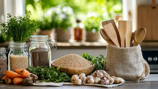 A rustic kitchen setup with glass jars filled with grains, fresh herbs, vegetables, and wooden utensils on a wooden countertop in natural light