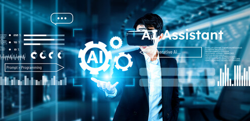 Smart project manager holding at AI chat hologram and wearing headset at modern office....