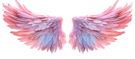 Beautiful realistic symmetrical angel wings. Pastel Pink wings with detailed feathers. Generative AI png with transparent background, clipart.