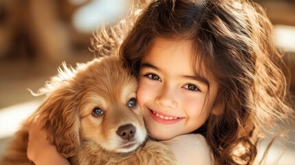 A smiling girl holding a rescue puppy both radiating happiness in a cozy warm shelter environment. Generative AI