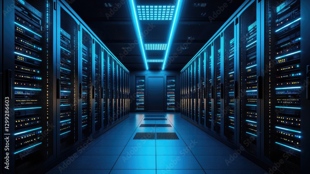 Poster futuristic data center with glowing blue server racks and modern lighting. ideal for cloud computing