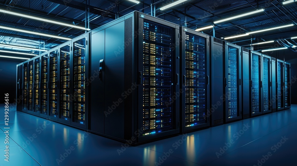 Poster Modern data center with illuminated server racks and advanced cooling systems. Ideal for cloud computing, cyber security, and data storage