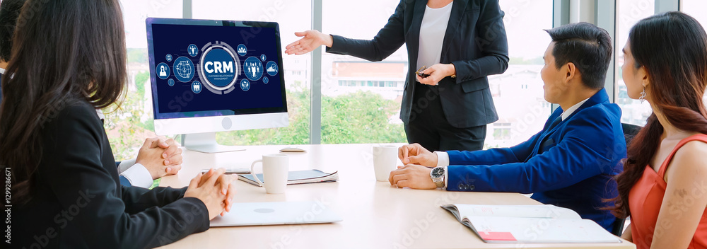 Poster customer relationship management system on modish computer for crm business and enterprise