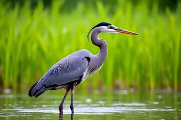 Naklejka premium Grey Heron in a Wetland, Beautiful Bird in Natural Habitat