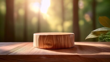 Natural wood pedestal for product placement and advertisement with visible grain patterns, illuminated by soft morning sunlight, perfect for showcasing organic or artisanal products
