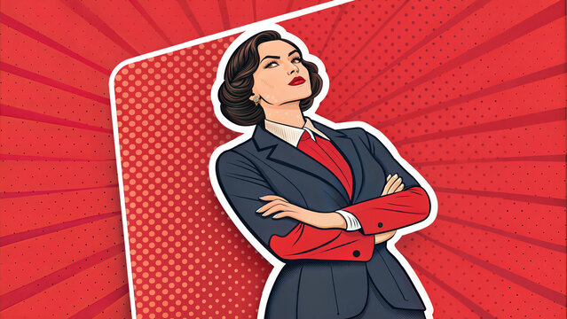 Assertive businesswoman with arms crossed in pop art style