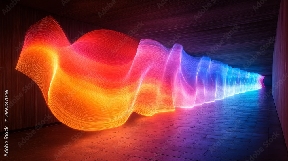 Poster illuminated resonance: a dynamic spectrum of light waves pulsating through an enigmatic tunnel, radi