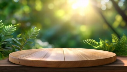 Natural wood pedestal for product placement and advertisement with visible grain patterns, illuminated by soft morning sunlight, perfect for showcasing organic or artisanal products
