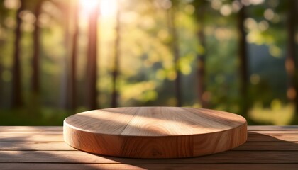 Natural wood pedestal for product placement and advertisement with visible grain patterns, illuminated by soft morning sunlight, perfect for showcasing organic or artisanal products