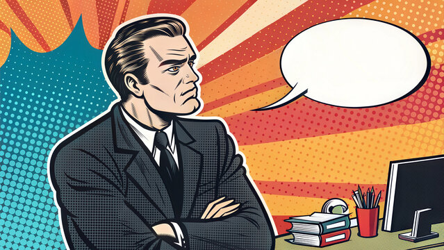 Serious businessman at desk with speech bubble in pop art style