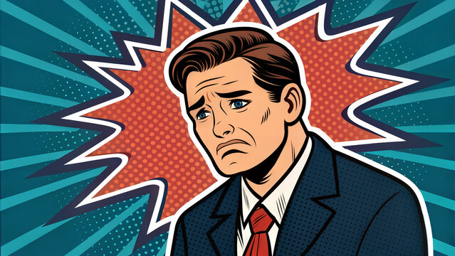 Sad businessman with dramatic background in pop art style
