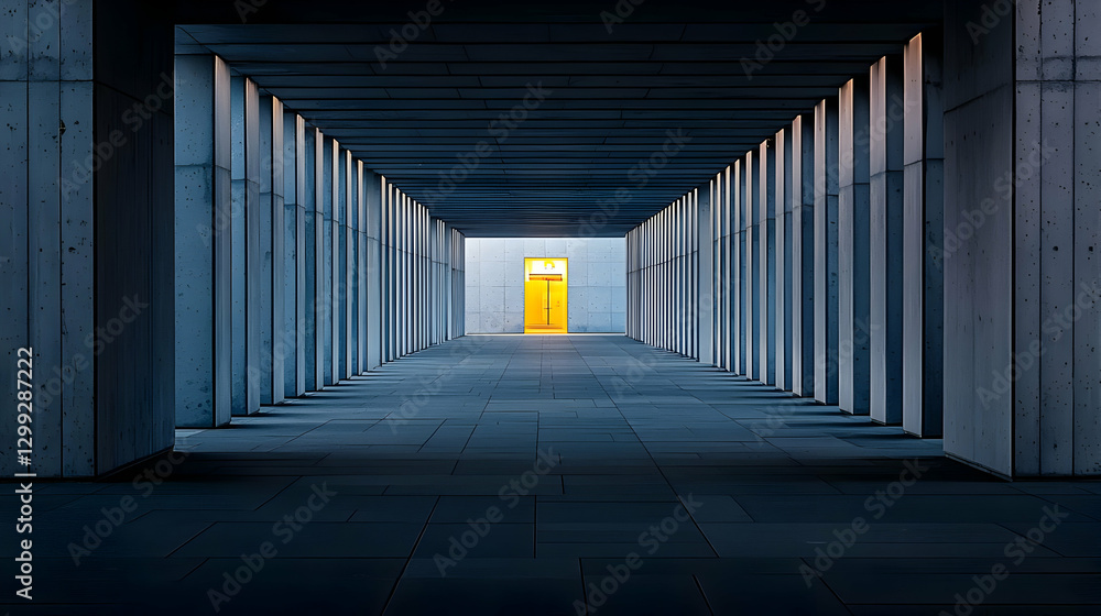 Poster long concrete tunnel with orange doorway and vertical lines creating depth and shadow with geometric