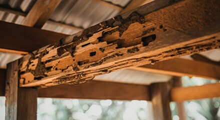 Wooden beam severely damaged by termites under shed roof