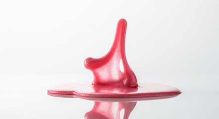 Pink liquid splash on reflective surface against white background