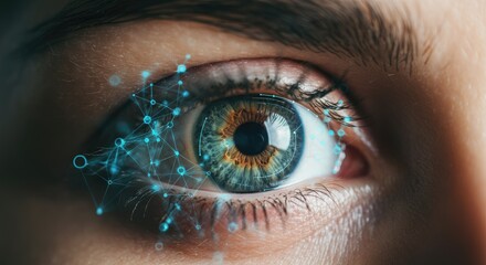 Close-up of human eye with digital network overlay concept