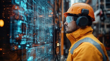Innovating the Future: Engineer Analyzing Complex Data Interface with Advanced Safety Gear in a High-Tech Industrial Environment