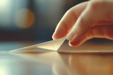 Hand peeling sticker off table, indoors, bokeh background, packaging
