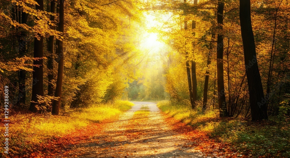Aufkleber sunlit forest path in autumn with colorful foliage and tall trees