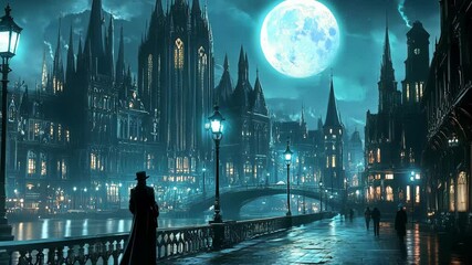 Mysterious night in a gothic city illuminated by a full moon and vintage street lamps