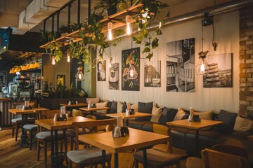 Cozy cafe interior featuring wooden tables, soft lighting, and inviting decor for a relaxing atmosphere
