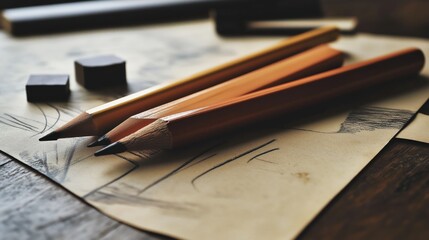 Close-up of educational items that create a warm atmosphere for studying or working at school. Pencils and papers on a wooden table.