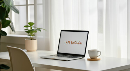 Fototapeta premium Minimalist workspace with laptop displaying 