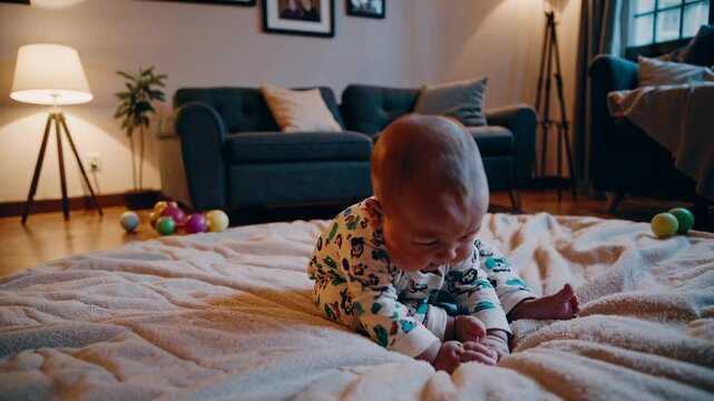 A cozy home video featuring a baby sitting on a soft rug in a warmly lit living room, captured from a low camera angle.