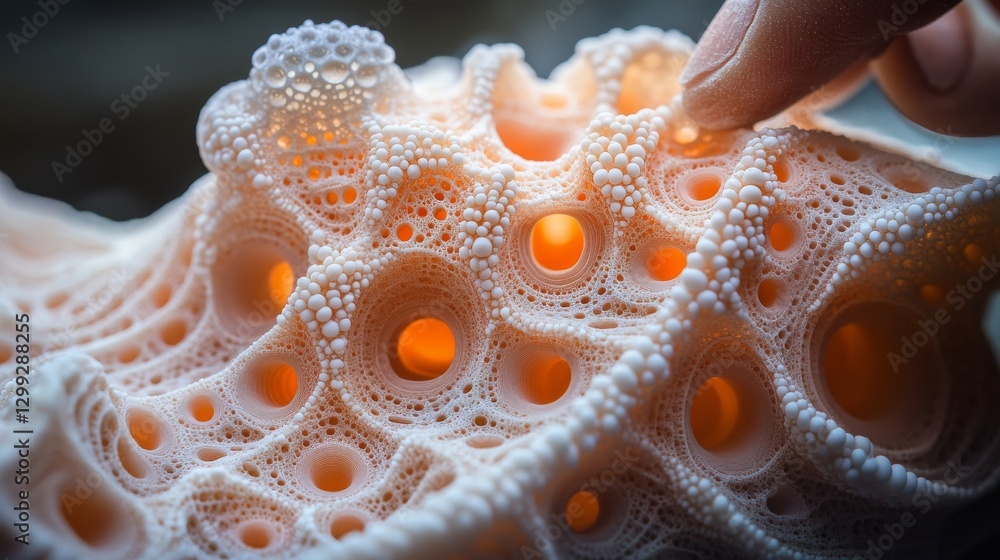Poster intricate coral-like structure: a delicate interplay of spheres, pores, and texture, touched by a ge