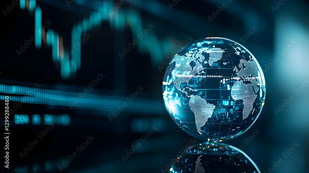 Poster illuminated glass globe displaying financial data and global network on a dark blue background