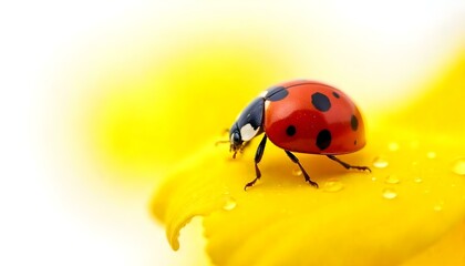 Naklejka premium Una fotografía macro muestra una mariquita sobre un pétalo de flor amarilla cubierto de gotas de agua