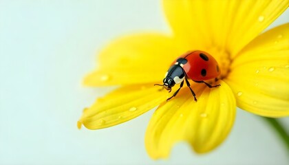 Obraz premium Una fotografía macro muestra una mariquita sobre un pétalo de flor amarilla cubierto de gotas de agua