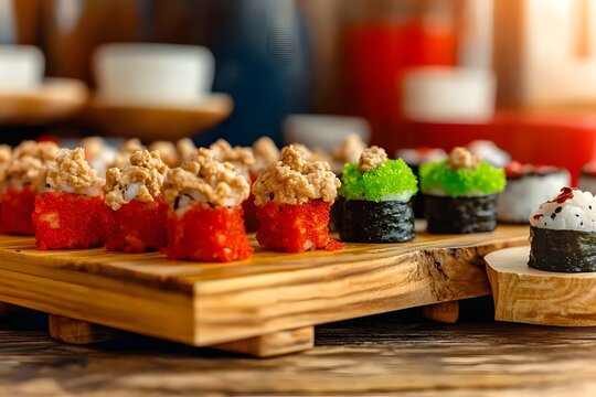 Sushi Delight: A close-up captures the artistry and vibrant colors of a fresh sushi platter, arranged on a rustic wooden board. This visual feast evokes the tastes and textures of culinary excellence