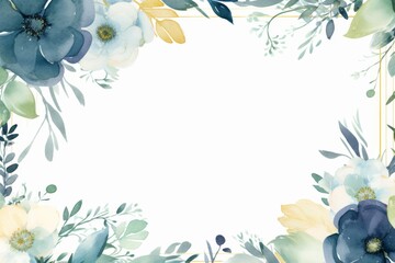 Green and light navy colors watercolor floral square frame on white background.