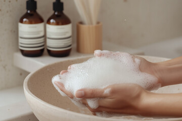 Washing Hands with Foaming Soap in Bathroom Setting