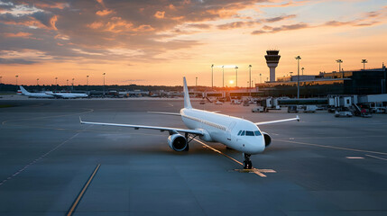 White Airplane Parked on the Runway at Sunset with Airport Terminal in the Background
