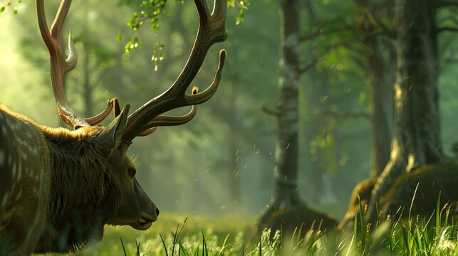 A close-up of a deera??s antlers in the early morning light, with the misty forest in the background, highlighting the animal's grace and power.