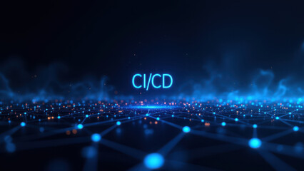 A digital illustration representing Continuous Integration / Continuous Delivery (CI/CD) processes with abstract data flow visualizations, emphasizing devops methodologies and cloud-based services
