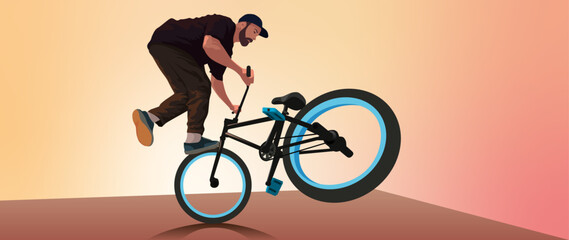 Fototapeta premium Rider in a cap performs a trick on a black BMX performs a trick. Sunset on the background. dynamic vector illustration. banner