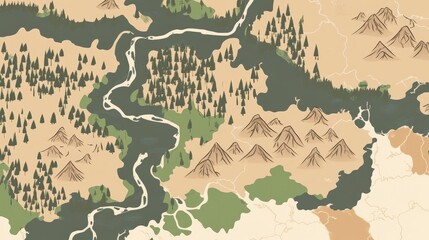 Fototapeta premium Detailed Fantasy World Map with Stylized Mountains and Rivers