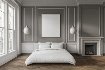 Elegant bedroom with fireplace, showcasing a blank canvas. Possible stock photo use