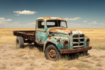 Obraz premium Old weathered turquoise truck abandoned in a dry grassy field