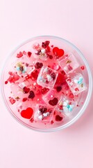 Sweet Hearts in a Dish: A whimsical arrangement of heart-shaped candies and decorative ice cubes in a bowl on a pink background, evoking feelings of joy and romance.